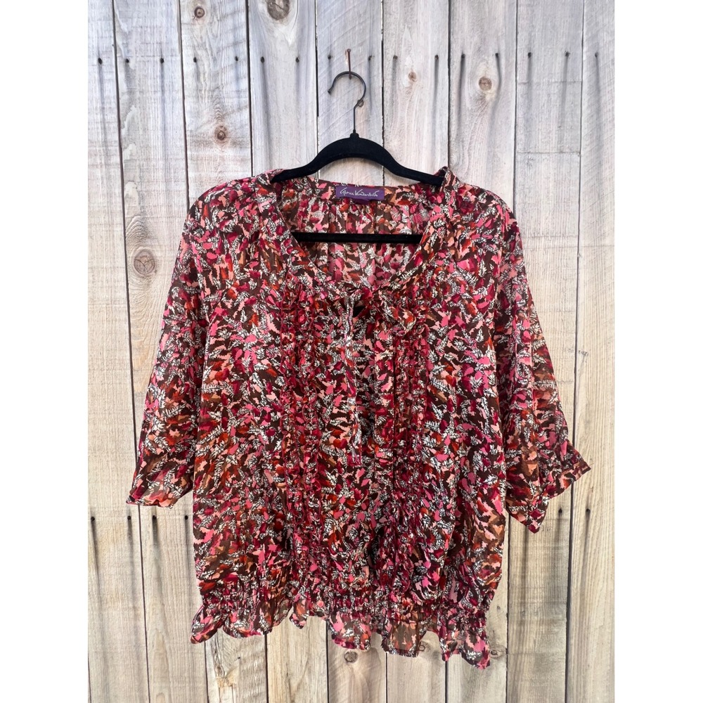 Gloria Vanderbilt PS Floral Ruffle Blouse Boho Smocked Hem Top Petite Pink Brown